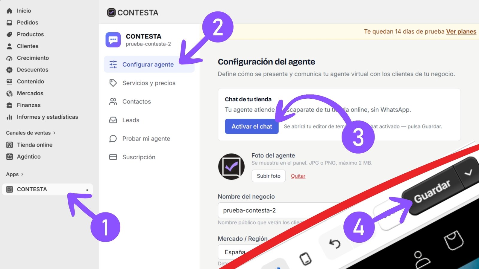 Los cuatro pasos en el panel de Shopify: abrir la app CONTESTA, entrar en Configurar agente, pulsar Activar el chat y Guardar en el editor de temas