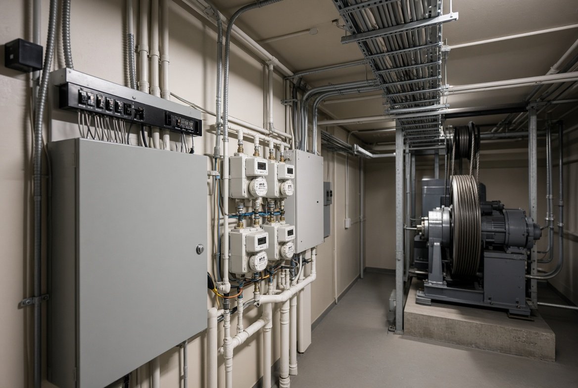 Cuarto de instalaciones de un edificio: contadores, cuadro eléctrico y maquinaria del ascensor