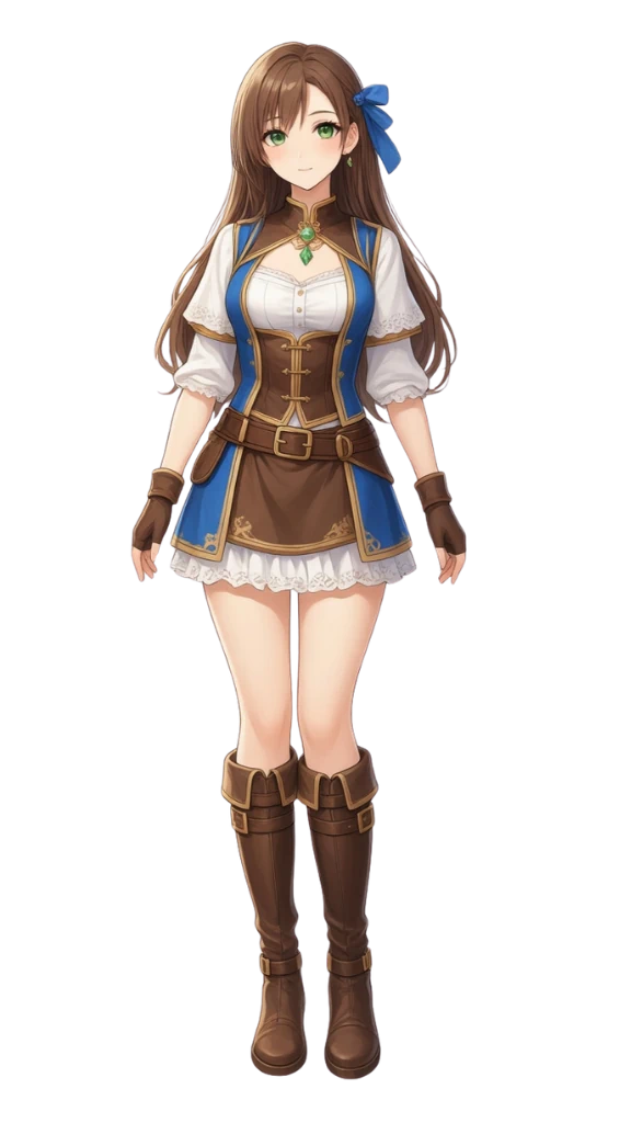 Lyra, recepcionista del gremio, ilustración de cuerpo entero