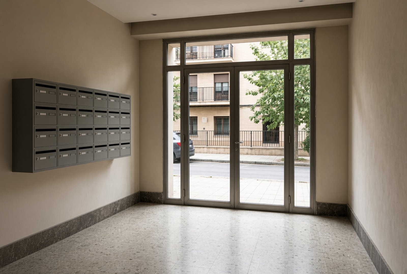 Portal de entrada de un edificio de viviendas con los buzones de la comunidad